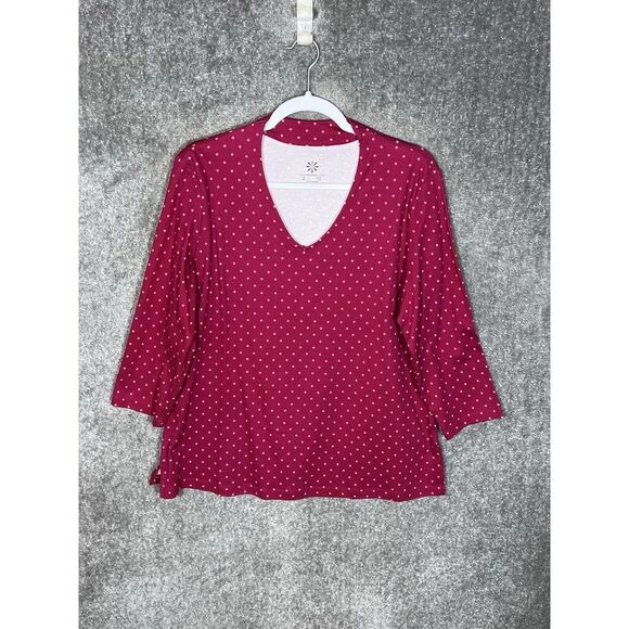 Isaac Mizrahi Live Top Womens Size‎ Large Red Pink Polka Dot V-Neck 3/4 Sleeve - Picture 1 of 6